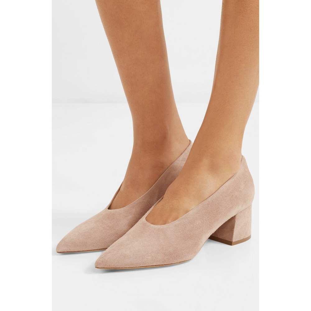 Vince Rafe Suede Pointed Toe Pumps Greige Blush Powder Block Heel NIB 6.5 $350